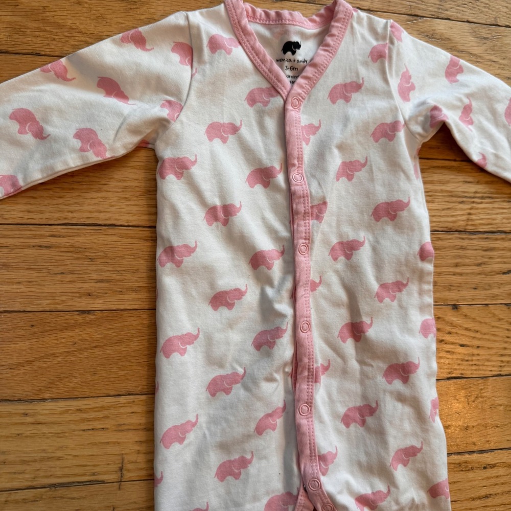 Monica + Andy Pink Elephant Organic Cotton Snap Romper 3-6M White One Piece Baby